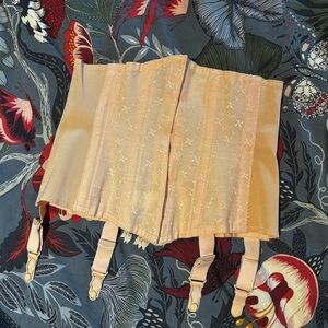 Authentic Vintage Baby Pink Satin Corset with Floral Embroidery